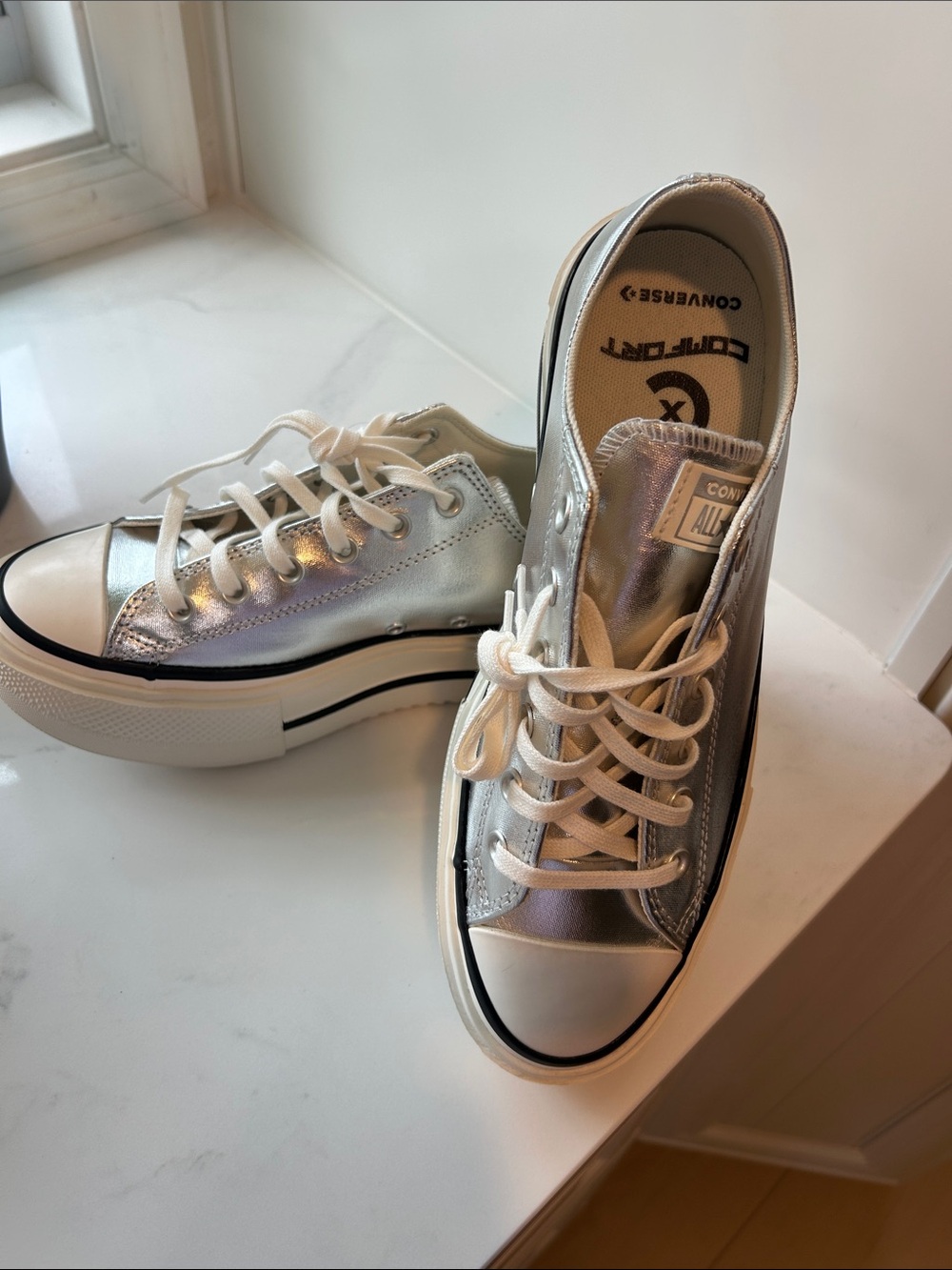 Converse Silver Metallic Platform Low-Top Sneakers